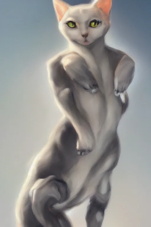 Prompt: a fullbody pose of humanoid cat, beautiful clean oil painting a anthropomorphic cat, pinterest, artstation trending, behance, silver, laser light, trending on furaffinity, backlighting, cartoon, by kawacy