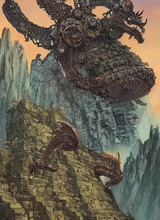 Image similar to intricate fantasy comic book drawing of a ( giant mechanical dragon ) over a ( stronghold castle ) by dariusz zawadski and simon stalenhag, simon bisley!, jack kirby!!! and gris grimly, cinematic, epic, awesome color palette