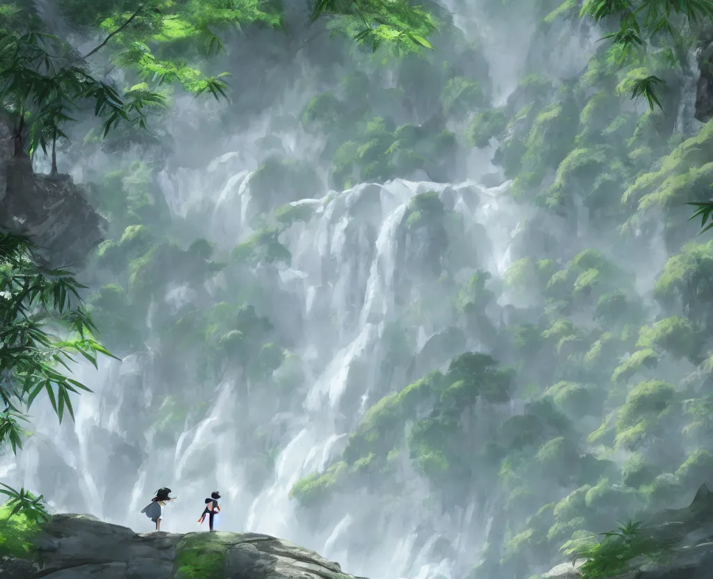 Image similar to two figures grappling in a misty japanese bamboo forest, cell shaded, huge waterfall, large rocky mountain, drawing, stylized anime, sun rays, soft, by hayao miyazaki, ghibli studio, makoto shinkai, toei animation, studio trigger, trending on artstation, 4 k, hd
