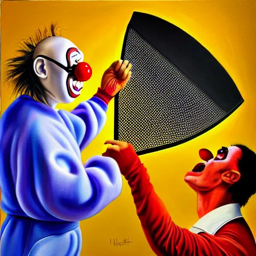 Image similar to hyperrealism painting from the housefly perspective getting swatted at from an angry and sick clown man with a fly swatter in the kitchen