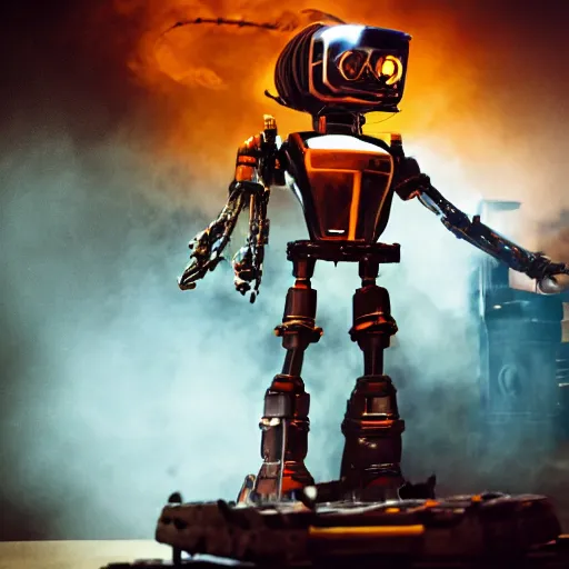 Image similar to toaster oven mecha head, dark messy smoke - filled cluttered workshop, dark, dramatic lighting, orange tint, sparks, cinematic, highly detailed, sci - fi, futuristic, movie still