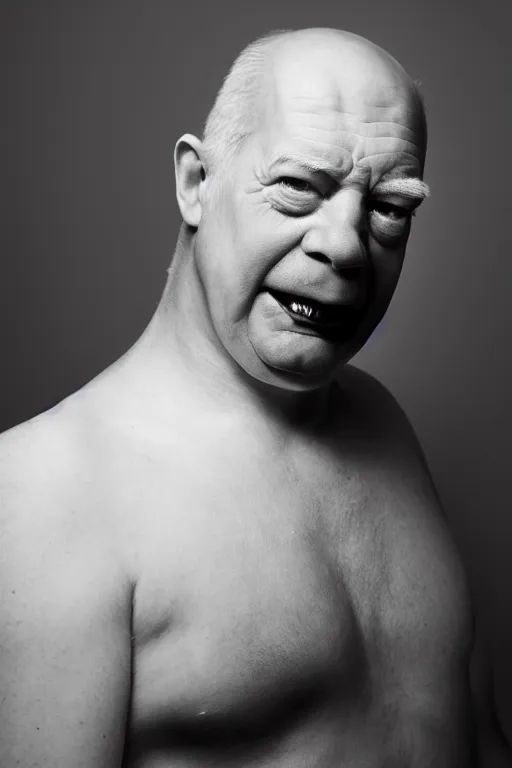 Image similar to studio portrait of man that looks excactly like homer simpson, lookalike, as if homer simpson came to life, soft light, black background, fine details, close - up, award winning photo by martin schoeller