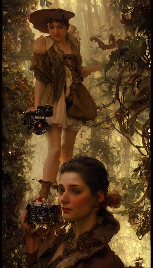 Image similar to hyper realistic photographer looking through camera, magical, steampunk, painted by norman rockwell, tom bagshaw, mucha, gaston bussiere, craig mullins, j. c. leyendecker 8 k