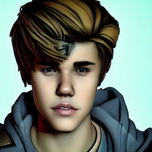 Image similar to justin bieber portrait, borderlands, tales from the borderlands, the wolf among us, comic, cinematic lighting, studio quality, 8 k