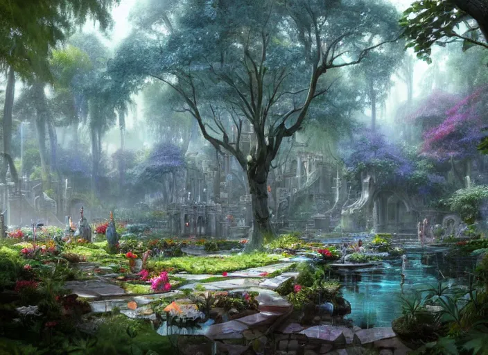 Prompt: a wide open courtyard in a beautiful elven city made of ivory and silver, vivid colors, lush trees, flowers, ponds, fountain, subsurface scattering, volumetric lighting, concept art, fantasy digital painting by James Gurney, by Greg Rutkowski, trending on Artstation, highly detailed