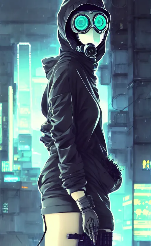 Prompt: cyberpunk anime girl in hoodie, cyberpunk gas mask, potrait, street night, grafity, beautiful face, grafity, arcane, action, tokyo street, detail, good face, pose model, concept art, in style of yoji shinkawa, pan ren wei, col price, atey ghailan, by greg rutkowski, aesthetic