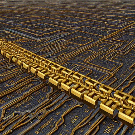 Image similar to A beautiful hyper realistic detailed painting of a chain of blocks, a cybernetic hybrid of 2 gigantic tall skyscaper sized quantum computers and a block espresso machine on a vast black granite tarmac, connected by gold and silver cables and chains, by Beksinski, beeple, unreal engine, computer hardware commercial photography