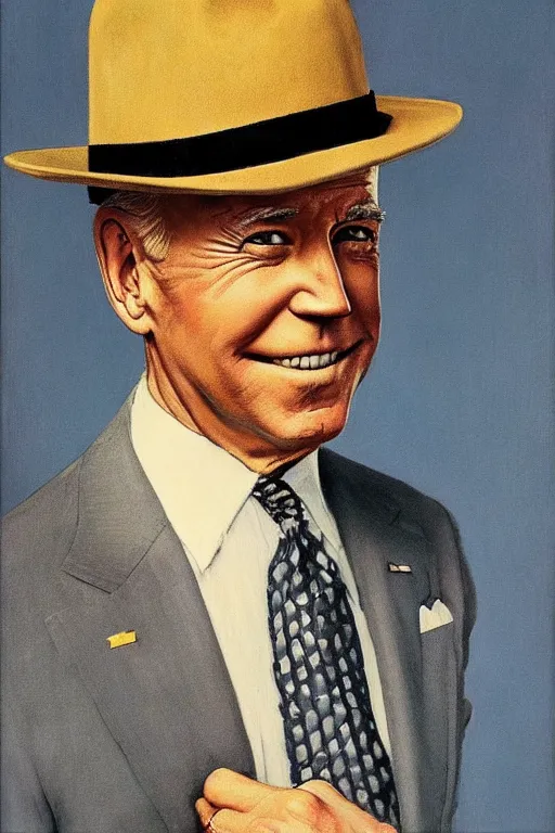 Image similar to “portrait of Joe Biden, impeccably dressed, wearing trilby hat, by norman Rockwell”