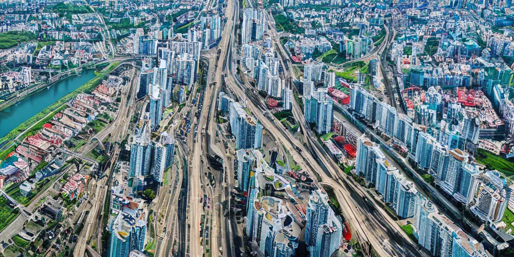 Image similar to bird's eye view photograph of a highrise Russian city, apartments, train station, pond, wide roads, no watermarks, extremely detailed photography