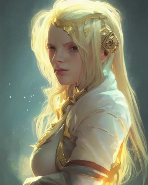 Image similar to '' Portrait of Beautiful blonde Slavic woman, league of legends, LOL, fantasy, d&d, digital painting, artstation, concept art, sharp focus, illustration, art by greg rutkowski and alphonse mucha ''