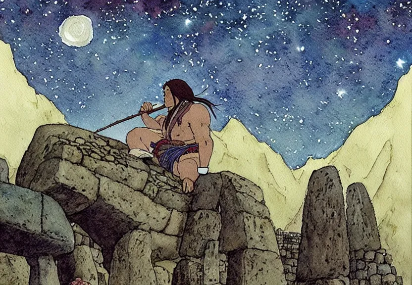 Prompt: a simple watercolor studio ghibli movie still fantasy concept art of a giant native american man sitting on a tiny stonehenge in machu pichu. it is a misty starry night. by rebecca guay, michael kaluta, charles vess