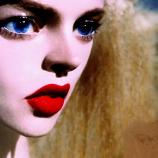 Image similar to a woman with a long face narrow nose blue eyes red lips and wild light blonde hair, high resolution film still, sandy, a journey to the west