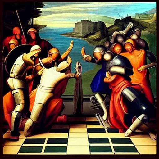 Image similar to “a vivid renaissance painting of the heroic final battle between a dull man in a grey suit and a bionic cyborg robot, the fight is happening on a life sized chessboard.”