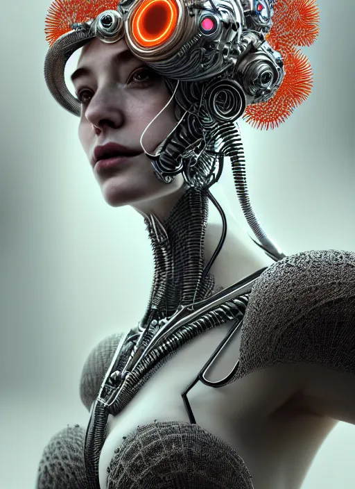 Image similar to portrait of an absurdly beautiful, graceful, sophisticated, fashionable cyberpunk mechanoid, hyperdetailed illustration by irakli nadar and alexandre ferra, intricate linework, white porcelain skin, faberge, coral headdress, unreal engine 5 highly rendered, global illumination, radiant light, detailed and intricate environment