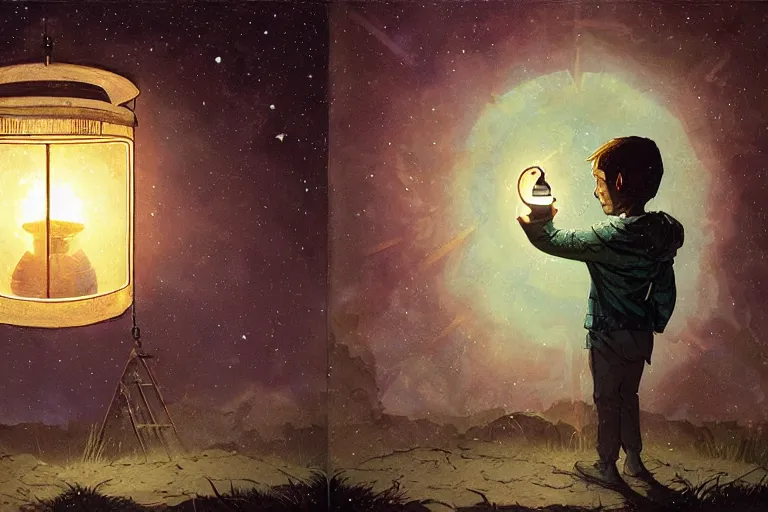 Prompt: a boy holding a lantern and looking at the stars through a dimensional window, by greg rutkowski and frank frazetta and peter mohrbacher and william blake and dan mumford