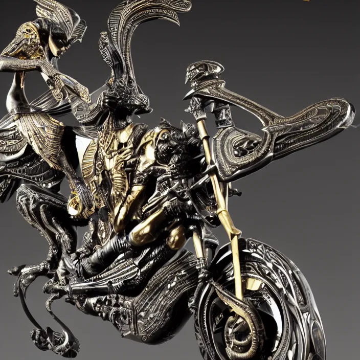 Image similar to fine art statue of masculine black egyptian god on a surrealist motorcycle, ebony art deco, carved black marble, inlaid with ebony and gold accents, ebony rococo, wings black lace wear, sculpted by spider zero, zaha hadid, beautifully lit, hyper detailed, intricate, elite, ornate, photorealistic, micro details, 3 d sculpture, ray trace