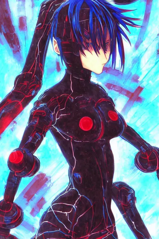 Prompt: beautiful coherent award-winning manga cover art of a mysterious blue-haired red-eyed anime girl wearing a plugsuit, serial experiments lain, painted by tsutomu nihei