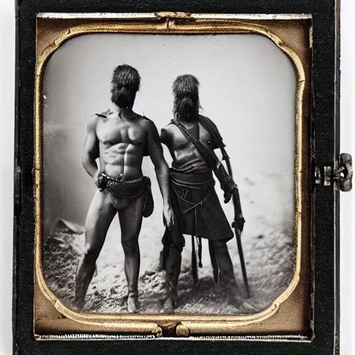 Image similar to spartan man and his helot slave, helot, ancient sparta, daguerreotype photograph, ancient photograph