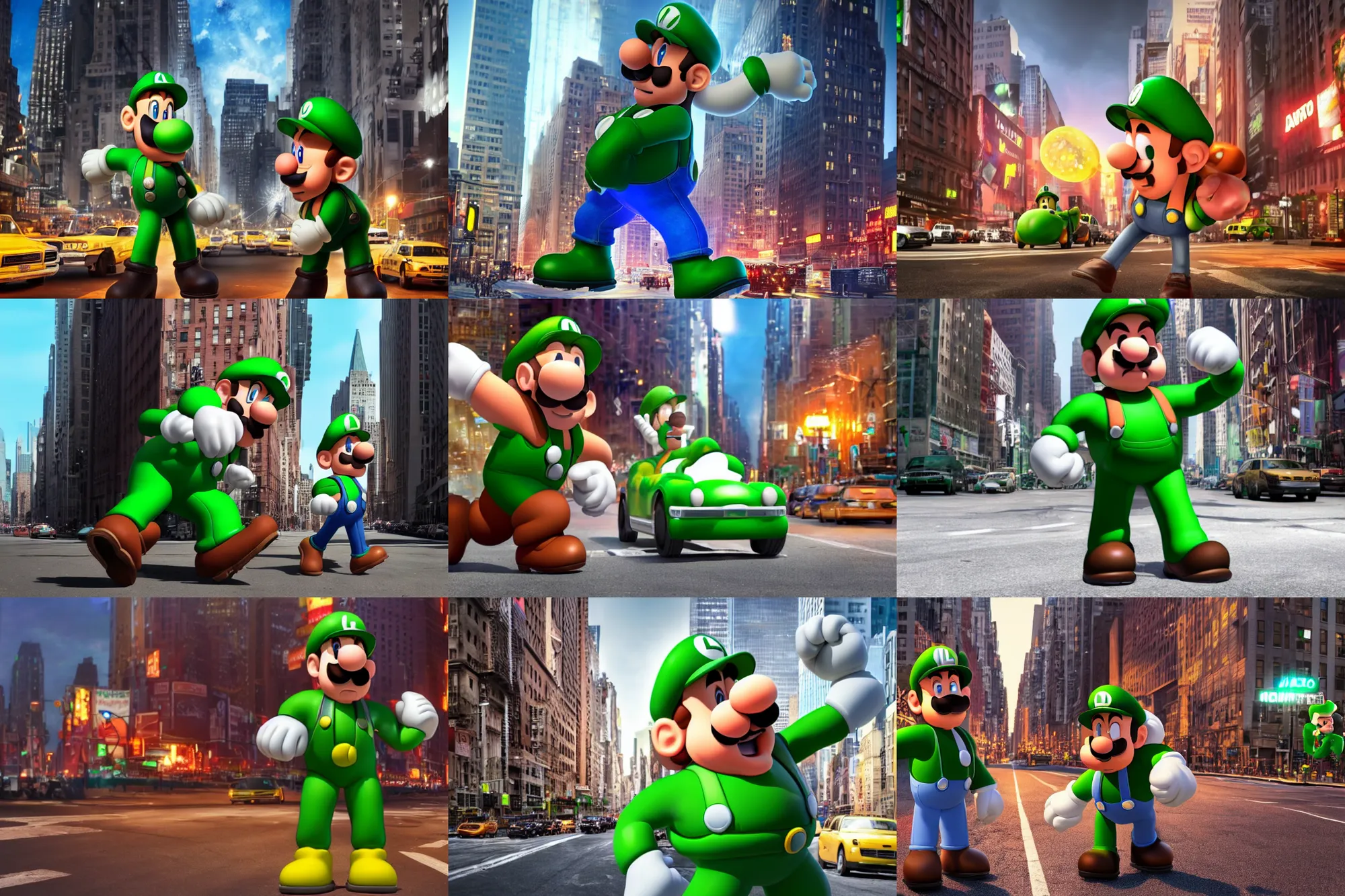 Prompt: humanoid gigachad infinte muscle gigantic glowing fat realistic Luigi demolishes New York, 8K resolution, Octane render, extremely highly detailed