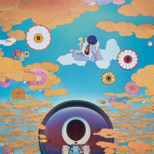 Image similar to a man walking on clouds away from the camera above kyoto by takashi murakami, beeple and james jean, aya takano color style, 4 k, super detailed, modern, 4 k, symmetrical