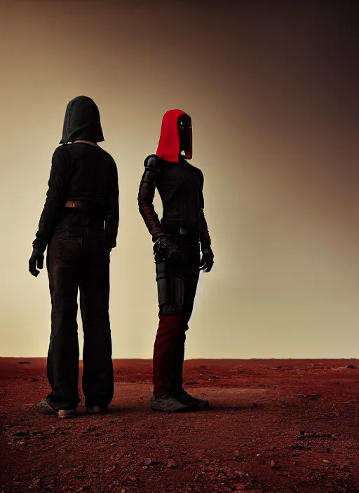 Image similar to cinestill 5 0 d photographic portrait by steve mccurry of two loving female androids wearing rugged black techwear on a desolate plain with a red sky in front of a brutalist structure, extreme closeup, cyberpunk style, dust storm, 8 k, hd, high resolution, 3 5 mm, f / 3 2, ultra realistic faces, ex machina