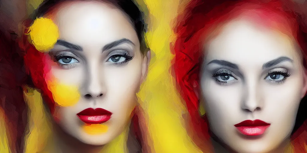 Image similar to digital painting of a beautiful woman. with accents of yellow and red