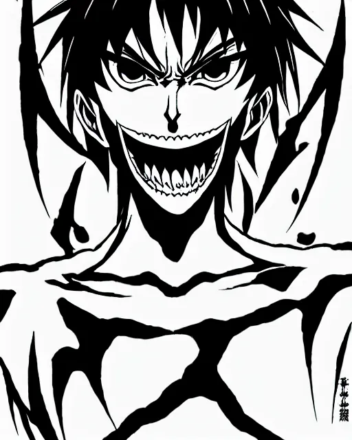 Prompt: portrait manga of a demon necromancer protagonist, short hair, smiling sharp teeth, fighting pose made by Yusuke Murata, Tomohiro Shimoguchi, Takeshi Obata, Tite Kubo, Inspired by Death Note manga,ArtStation, CGSociety, direct gaze, beautiful face, sharp fine-face, pretty face, realistic shaded Perfect face, fine details,perfect composition body, symmetrical face,symmetrical eyes, intricate detailed oil painting, detailed illustration, oil painting