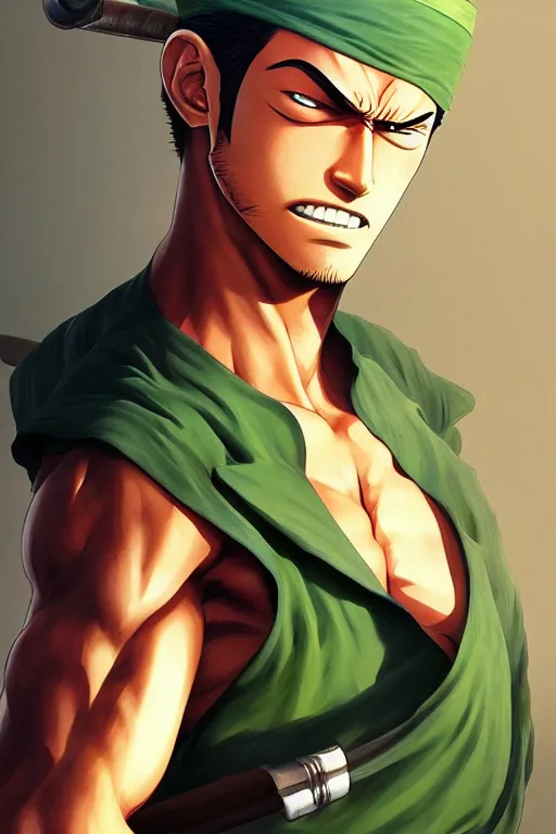 Prompt: roronoa zoro of one piece, portrait, highly detailed, full body, hyperrealistic, digital painting, artstation, concept art, smooth, sharp focus, illustration, cinematic lighting, art by artgerm and greg rutkowski and alphonse mucha