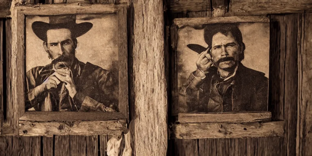 Image similar to in an old west cabin, close up portrait of a rugged cowboy stands at his fireplace, in the style of Fredrick Remington