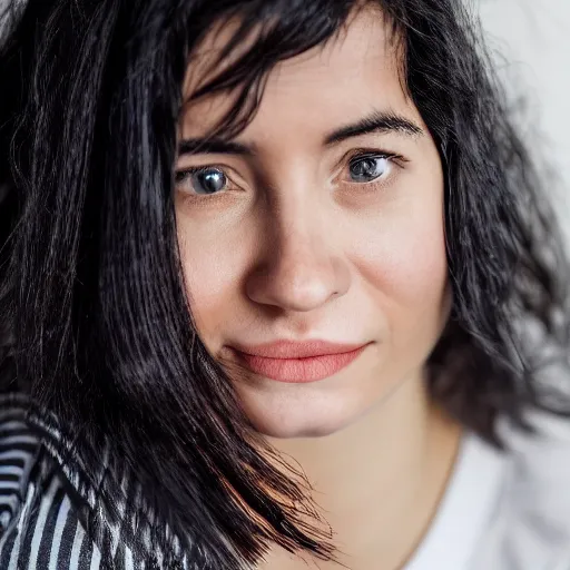 Prompt: tired young woman with shoulder - length messy black hair, slightly smiling, 1 3 5 mm nikon portrait