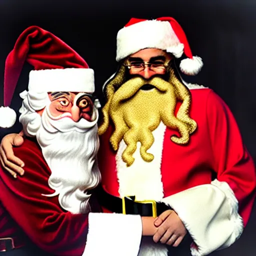 Prompt: uhd candid photo of bin laden and a b dressed as santa claus, making a bomb. correct faces, intricate details, hyperdetailed, accurate faces. photo by annie leibowitz