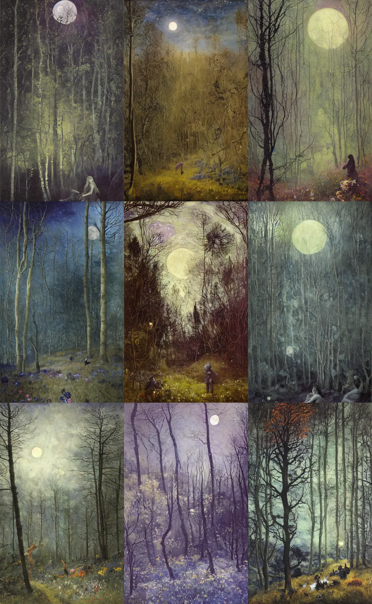 Prompt: painterly dreamy dark midnight hill in the forest with trees, flowers, birds, barely seen women, liana, thistle and sky with moon and stars by Mikhail Vrubel, Alexei Savrasov, Aron Wiesenfeld, Ivan Kramskoi, Isaac Levitan, dark fantasy, witcher, very detailed oil painting in the alla prima style, masterpiece, 8k