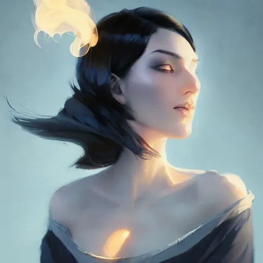 Image similar to Elegant woman with black hair, smoke around her, high detail, concept art background by john harris + andreas rocha, artwork by charlie bowater + artgerm + anato finnstark + ross tran