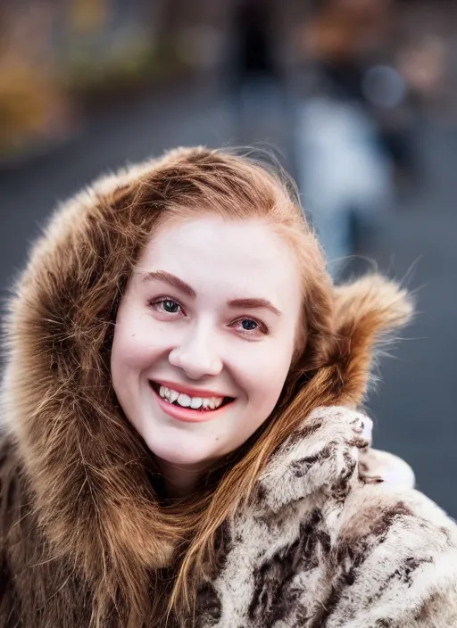 Prompt: Mid-shot portrait of a beautiful 20-year-old woman from Iceland, wide smile, happy, candid street portrait in the style of Martin Schoeller award winning, Sony a7R