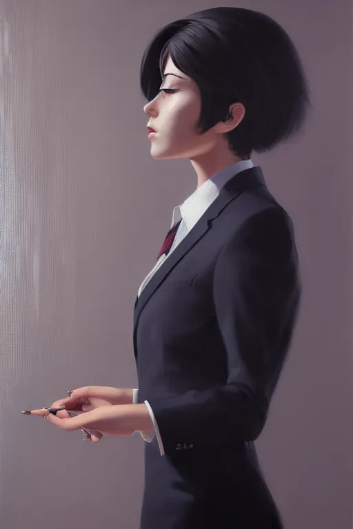 Image similar to a ultradetailed beautiful panting of a stylish woman wearing a oversized suit with a tie, oil painting, by ilya kuvshinov, greg rutkowski and makoto shinkai, trending on artstation