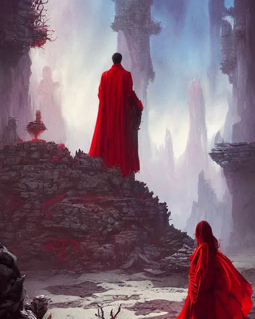 Image similar to a fantasy painting with a wizard in red robes in the foreground of a surreal environment by greg rutkowski and michael whelan