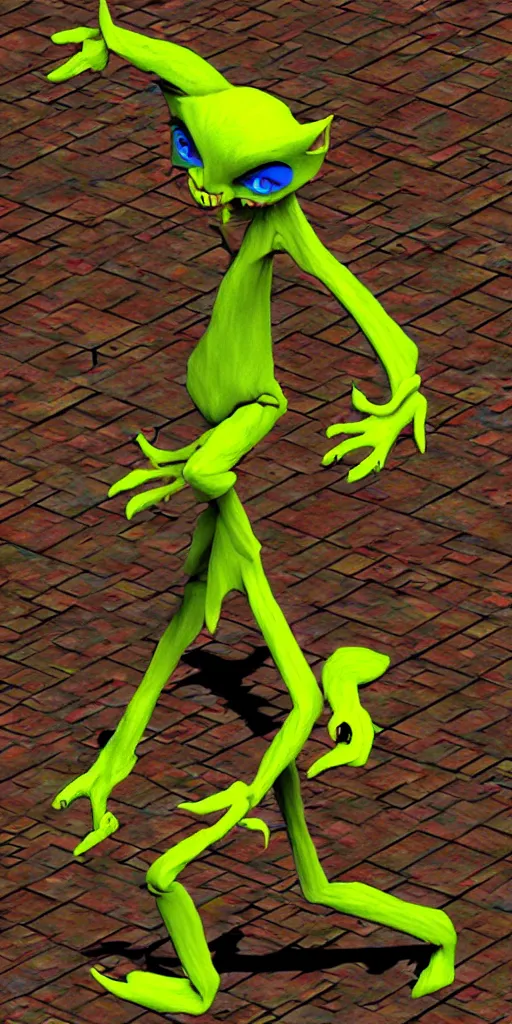 Image similar to malice yellow goblin doll in a street animation psx rendered early 90s net art n64 3d 2001