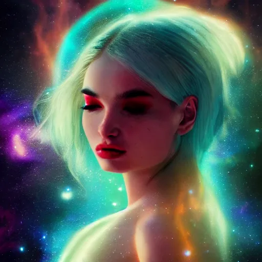 Image similar to an epic cinematic ethereal portrait made of stardust of kim petras with her eyes closed as part of the fabric of the universe and existence, galaxies, stars, nebulas, artstation trending, visionary art, oil painting, cgsociety, instagram