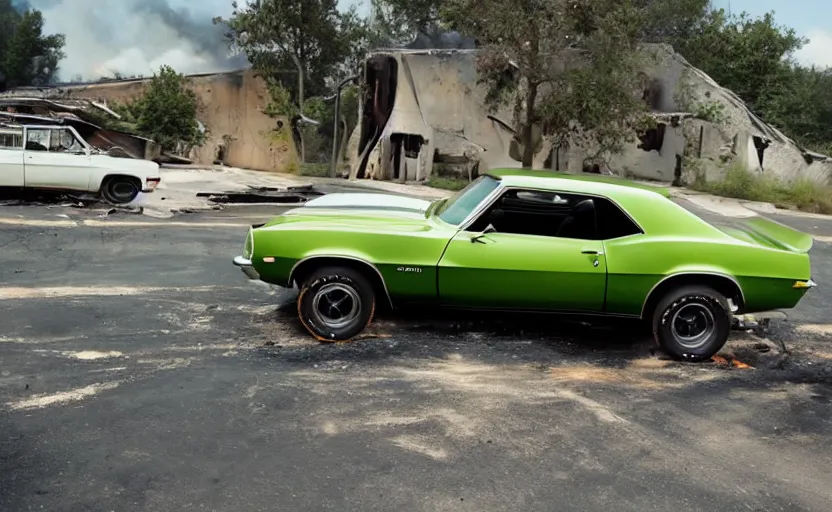 Prompt: a green 1 9 6 9 chevrolet camaro zl driving away from a fire explosion