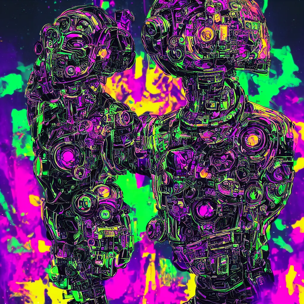 Image similar to mockup of a black tshirt with a hyperdetailed portrait of a trippy cyberpunk robot, 8 k, symetrical, flourescent colors, happy mood, multicolored,