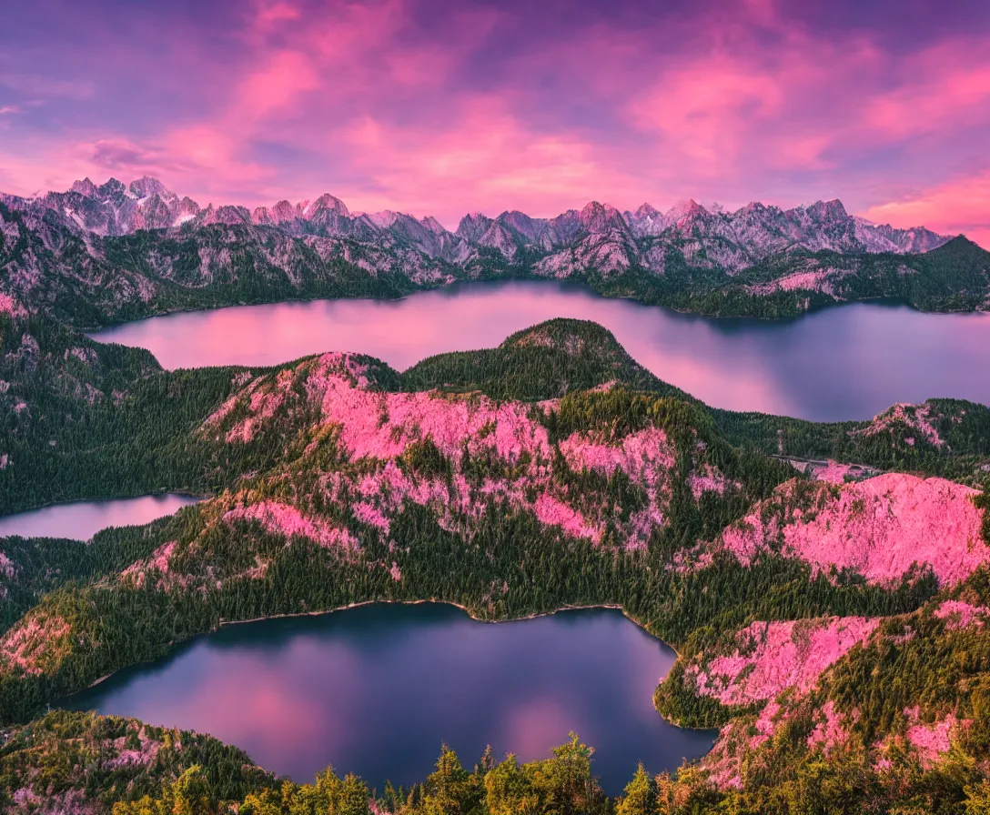 Image similar to wide angle photography, majestic mountains, beautiful lake, lush landscape, pink sky, sunset, high res, 8k