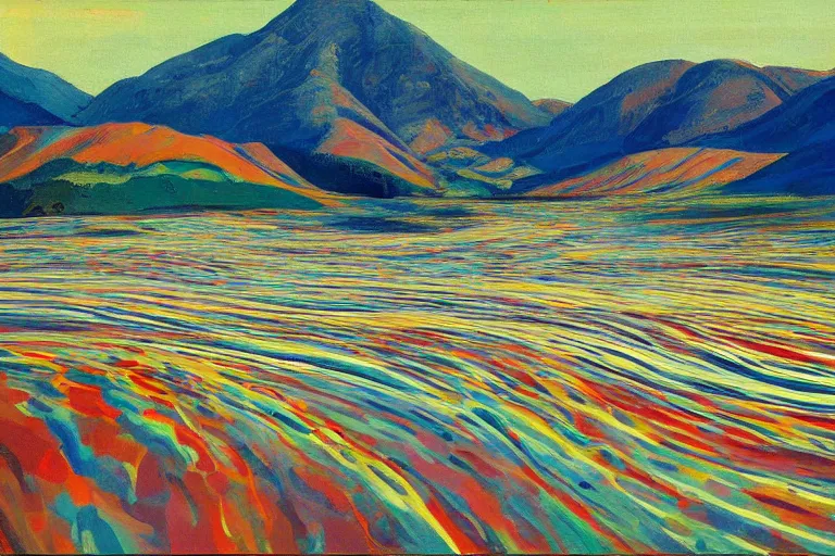 Prompt: Landscape painting. Wild energy patterns rippling in all directions. Curves, zig-zags. Organic. Mountains. Clouds. Vegetation. Rushing water. Waves. LSD. Wayne Thiebaud