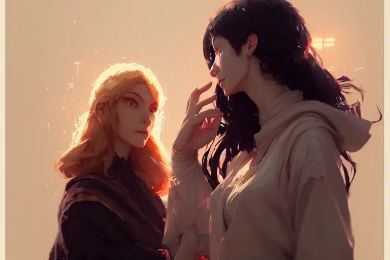 Image similar to portrait of two wise and very beautiful women discussing some texts, art by guweiz and greg rutkowski, intricate, elegant, highly detailed, smooth, sharp focus, artstation