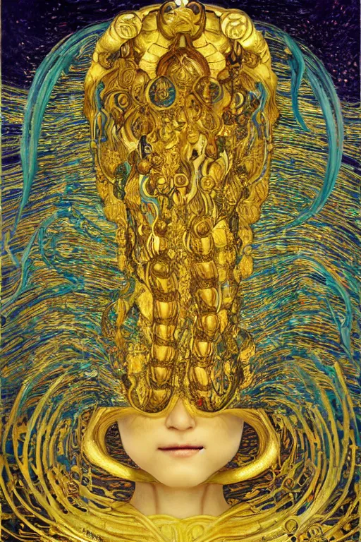 Image similar to Hatsune Miku with golden hair by Karol Bak, Jean Deville, Gustav Klimt, and Vincent Van Gogh, portrait of a sacred serpent, Surreality, otherworldly, fractal structures, arcane, ornate gilded medieval icon, third eye, spirals