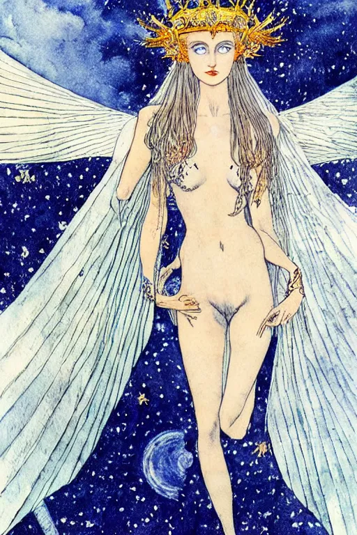 Image similar to detailed portrait of a woman with a bat wing crown, night sky moon background, art by luis royo and walter crane and kay nielsen, watercolor illustration,