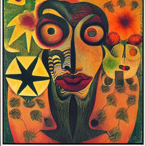 Prompt: floral face portrait by leonetto cappiello and wojciech siudmak and ernst fuchs, anni albers, oil on canvas