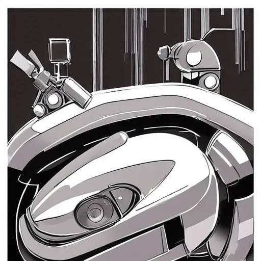 Image similar to curled up robot dog. in the style of syd mead. concept art. sci fi art. chrome. futuristic art.