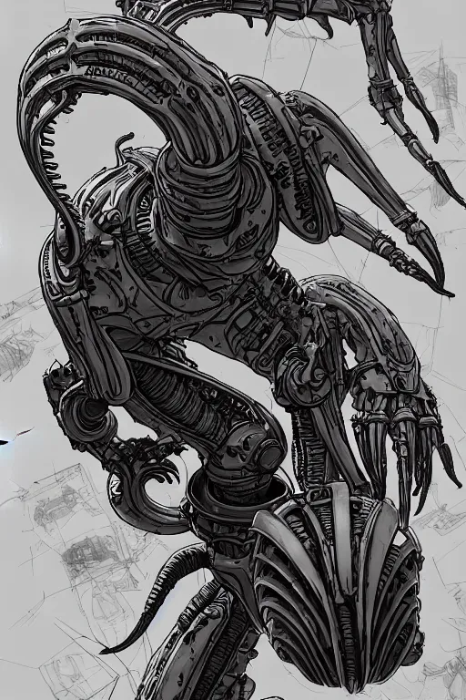 Image similar to a study of cell shaded portrait of a Xenomorph mech as Borderlands 3 concept art, llustration, post grunge, concept art by josan gonzales and wlop, by james jean, Victo ngai, David Rubín, Mike Mignola, Laurie Greasley, highly detailed, sharp focus, alien, Trending on Artstation, HQ, deviantart, art by artgem