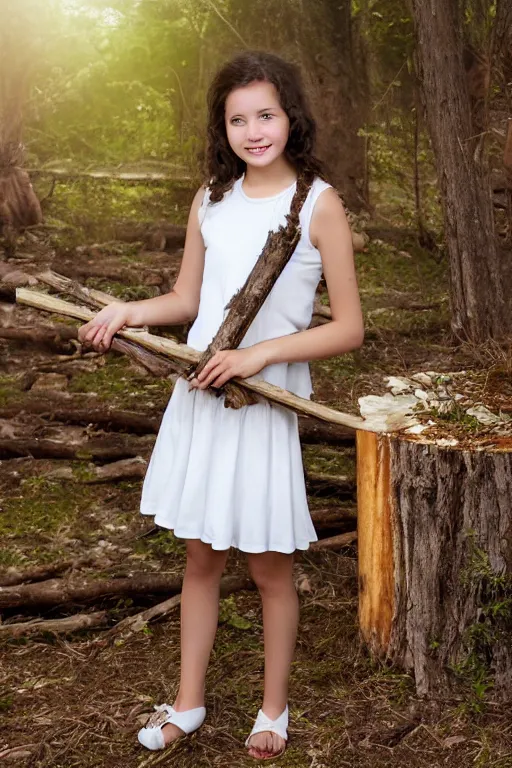 Prompt: a middle-school girl with unkempt wavy short brown hair wearing a white dress and holding a bundle of firewood, high resolution film still, 8k, HDR color, short hair