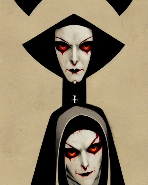 Image similar to scary female vampire nun, symmetrical face, evil grin, nun outfit, portrait size, cinematic, dramatic, super detailed and intricate, by koson ohara, by darwyn cooke, by greg rutkowski, by satoshi kon